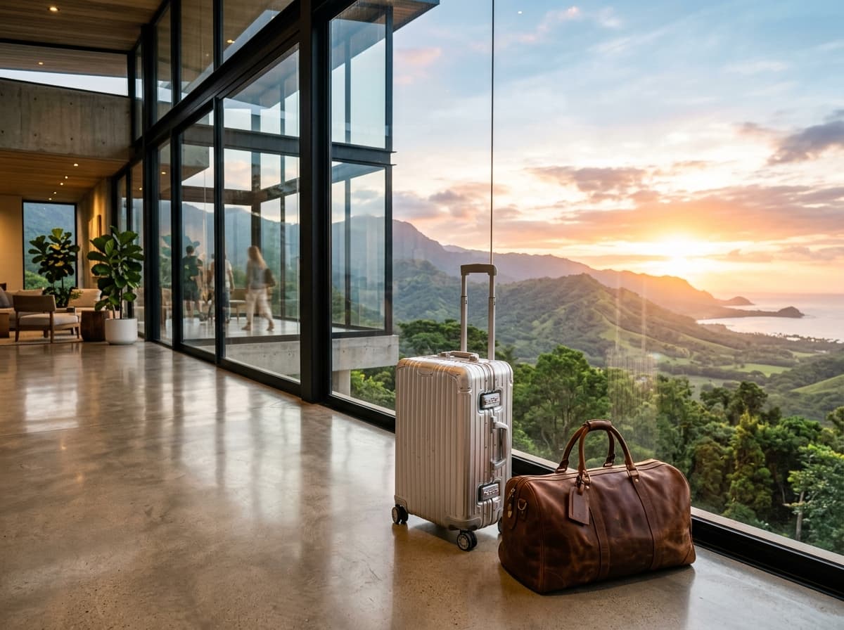 Wanderloom flagship aluminum luggage and leather weekender at scenic mountain terminal