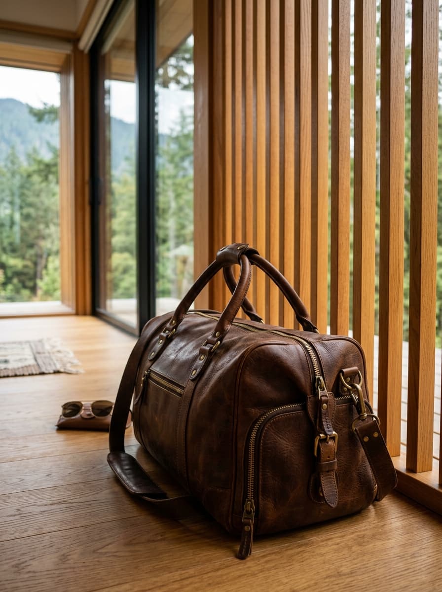 Handcrafted full-grain Italian leather weekender duffle bag detail